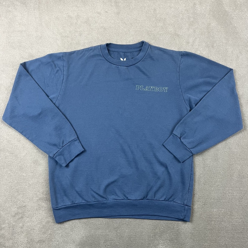 Playboy Sweatshirt Mens Large Blue Crewneck Embroidered Logo Fleece Pullover L